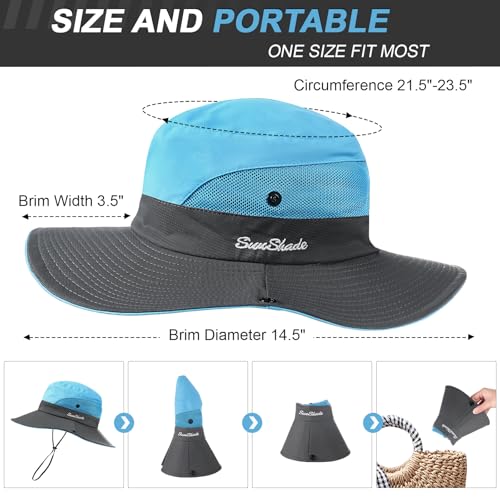 Womens Sun Hat - Sun Hats for Women with Ponytail Hole, Foldable Wide Brim Cooling Mesh Beach Fishing Hat for Outdoor - color: Blue & Grey