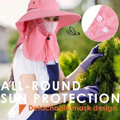 Mens Women Fishing Hat UPF 50+ Wide Brim Sun Hat with Face Cover & Neck Flap - color: Pink