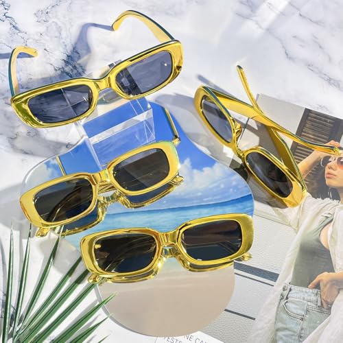 10 Pack Neon/Black Rectangle Sunglasses Bulk for Women Men Retro Trendy Small Rectangle Glasses Party Favors - color: Metallic Gold