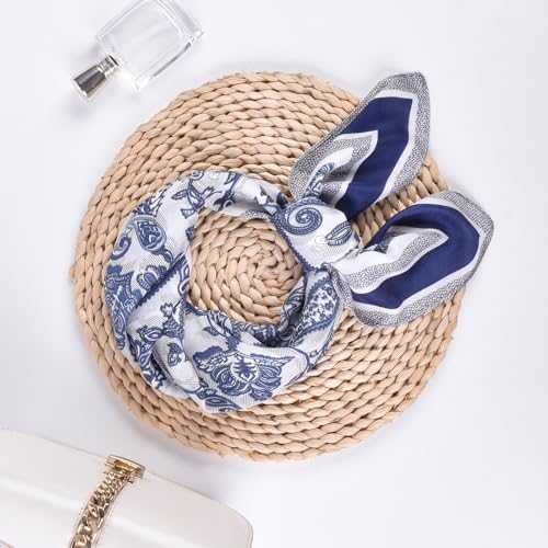 27.5 Inches Silk Head Scarf for Women Satin Hair Scarf Silk Wrap Neck Square Scarves Feeling Scarf Boho Headwear - color: Navy Blue- Small Cashews