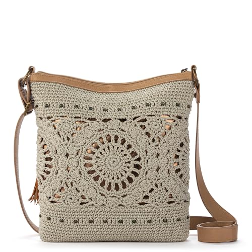 The Sak Lucia Crossbody Bag in Crochet, Convertible Purse with Adjustable Shoulder Strap - color: Natural Grey Medallion