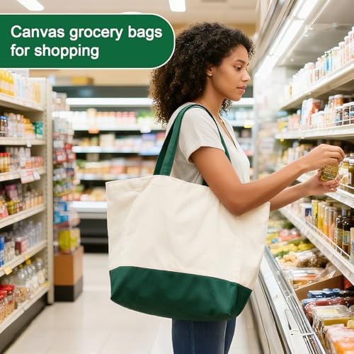 Reusable Grocery Bags Heavy Duty, 8.3 gal Foldable Large Canvas Tote Bag with Handles, Holds 60 lbs Canvas Shopping Bags, 1 Pack（Retro Green） - color: [A1] Off White / Retro Green, size: 1 Pack