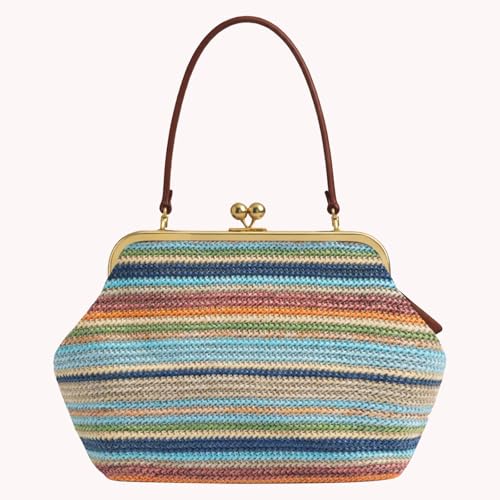 Kiss Lock Woven Bag, Large Capacity Straw Rainbow Handbags for Vacation Travel Shopping, Summer Straw Shoulder Bags - color: Style 1