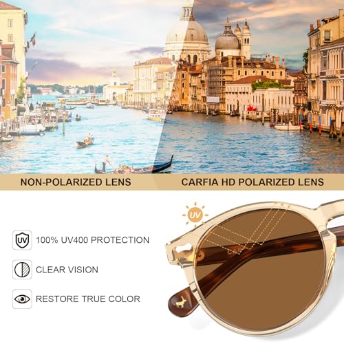 CARFIA Polarized Sunglasses for Women: Acetate Frame, Small/Medium Size, UV400 Protection - Anti Glare CA5288 - color: 6. Clear Brown Frame Brown Lens