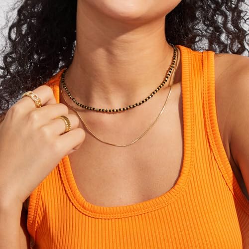 KissYan Beaded Choker Necklace for Women, Colorful Natural Gemstones Pearl Choker 14K Gold Plated Pendant Healing Crystal Necklace Handmade Stone Jewelry Gift - color: O-Black Agate