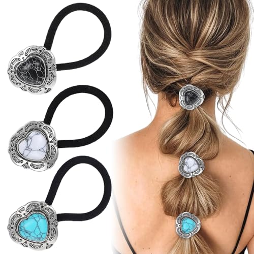 Ouligay 3 Pcs Western Ponytail Holders,Metal Boho Hair Ties with Turquoise,Boho Hair Ties Bracelet Hair Ties No Damage,Vintage Heart Hair Ropes,Silver Hair Bands,Hair Accessories for Women Girl