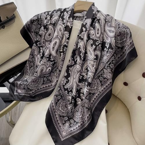 Women's Silky Satin Large Head Scarf Leopard/Paisley Neck Scarves Square Hair Wrapping Sleeping Bandana 35in - color: Black-paisley-s