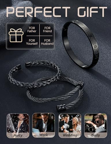 YADOCA 3 Pcs Stainless Steel Bracelets for Men Gold Silver Black Men Bracelet Adjustable Cuff Roman Numeral Bangle Bracelets Mens Luxury Bracelet Set Jewelry Gifts Trendy Gold Accessories - color: C:Black-1