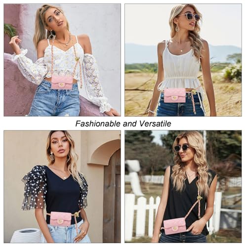 YAMEIZE Mini PU Leather Chain Belt Bag for Women Quilted Waist Purse Crossbody Fanny Pack Detachable Belt Chain - color: Pink 4.7x2.7 Inch
