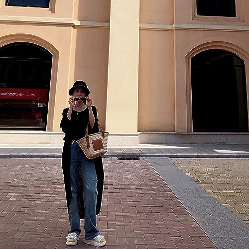 Straw Basket Tote Bag for Women PU Leather Strap Hollow Woven Top Handle Straw Purses and Handbags - color: Brown-14in-medium