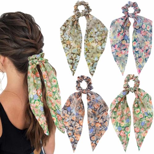 Boho Hair Scarf Scrunchies for Women Bow Hair Ties Floral Hair Scrunchies Silk Elastic Ponytail Holder Hair Accessories for Girls 4 pcs (Flower-4) - color: Flower-4