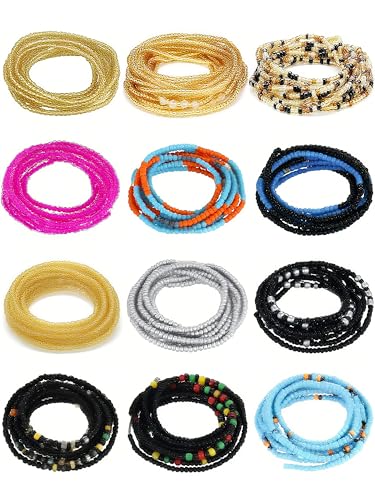 Fumete 12 Pcs Waist Beads Set Handmade African Belly Beads Chain Plus Size Body Jewelry Non Stretching Belly Chain for Women - size: 50 Inch, style: Stylish