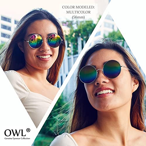 OWL Round Retro Small Circle Tint & Mirror Colored Lens 43-55 mm Sunglasses Metal - color: 56mm Silver / Blue Mirror