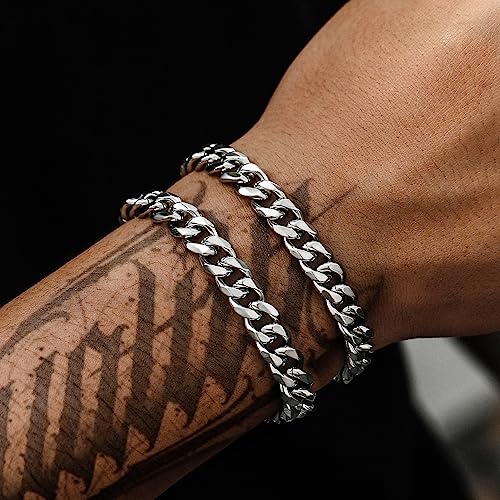 2Pcs Stainless Steel Bracelets for Men 14K Gold Plated Cuban Link Figaro Rope Silver Chain Bracelet Set Curb Width Sturdy Bracelet 7.5/8.3/9 Inches Jewelry Gifts for Dad Husband - color: C:Silver-Two Cuban Link, size: Display Length: 7.5 Inches