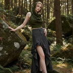 Boho Raw-Edge Crop Top – Adjustable Halter with Open Back & Cross-Wrap Design, 100% Cotton Beach Cover Up - color: Olive Green