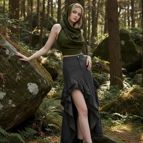 Boho Raw-Edge Crop Top – Adjustable Halter with Open Back & Cross-Wrap Design, 100% Cotton Beach Cover Up - color: Olive Green