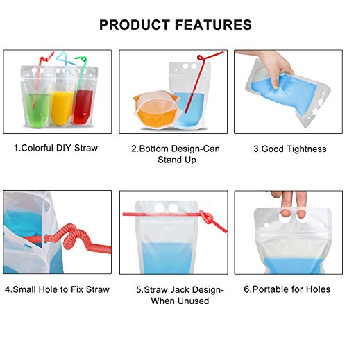 100 Pcs Drink Pouches with 100 Straw Holes, Freezable Juice Pouches, Translucent Reclosable Zipper Plastic Pouche Drink Bags for Cold & Hot Drinks for Adults and Kids - color: 100pcs Drink Pouches