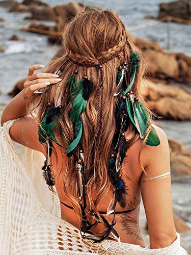 GORTIN Boho Feather Headband Gypsy Headpiece Headdress Bohemian Hippie Headbands Indian Festival Hair Band Adjust Long Feather Hair Accessories for Women and Girls (Black+Green) - color: Black+Green