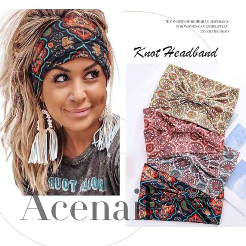 Acenail Wide Boho Headbands Turban Knotted Head Wraps Floral Elastic Non Slip Hairbands Workout Yoga Hair Scarfs Bohemian Fashion Hair Accessories for Women 4Pcs (Stylish) - color: Stylish
