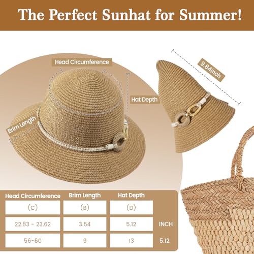 Beach Sun Straw Hats for Women, UPF 50+ UV Sun Protection Wide Brim Summer Straw Hat Foldable Packable Roll up Cap - color: Hemp Rope Buckle - Khaki