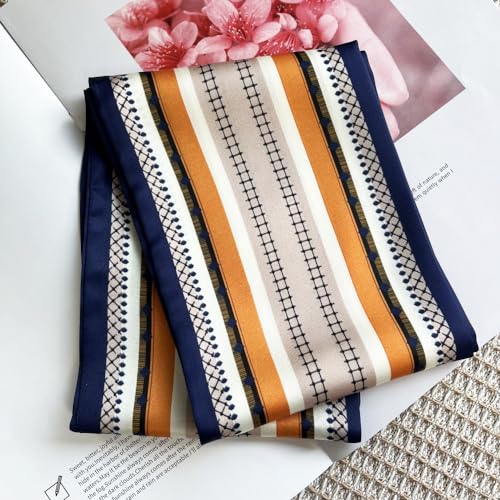Silk Head Scarf for Hair Fashion Headwrap for Women Lightweight Neck Tie - color: X012-orange & Blue Geometry