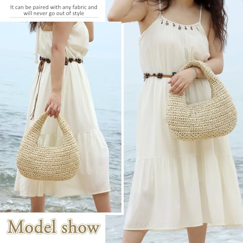 Fecialy Straw Bag for Women Crescent Shoulder Handbag Straw Summer Beach Tote Handbag Raffia Woven Hobo Bag - color: Beige