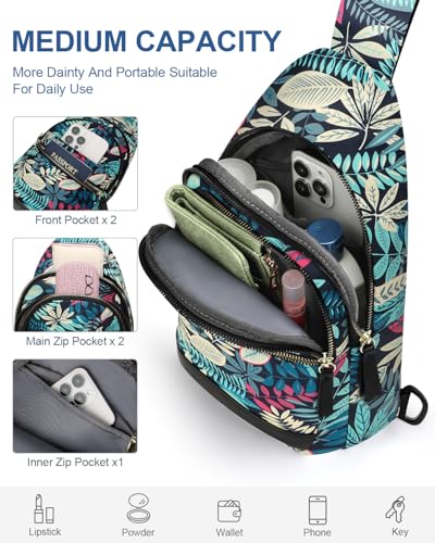 Capolo Sling Bag for Women Men Waterproof Crossbody Bags for Women Trendy Casual Fanny Pack with Convertible Shoulder Strap Chest Bag for Travel Hiking(Blue Leaves, Medium) - color: Blue Leaves, size: Medium