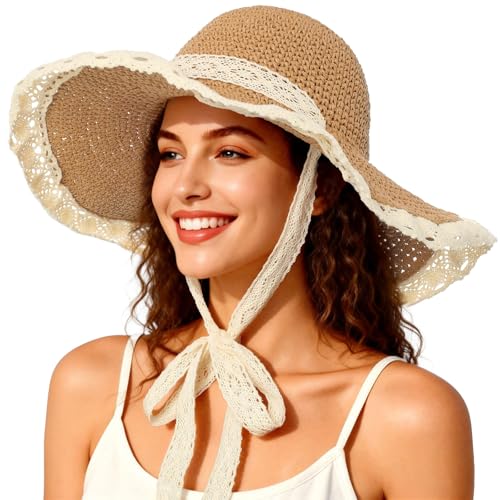 Beach Hats for Women - Beach Hat Womens UPF 50+ Lace Ribbon,Packable Sun Hat Women,Straw Hat for Women 2026 - color: Khaki
