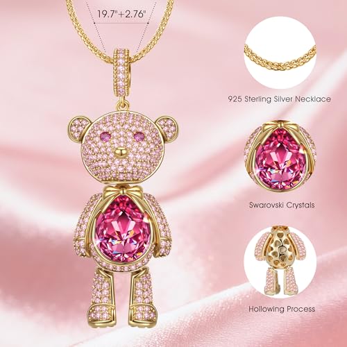 Swarovski Crystal Teddy Bear Necklace, White Gold Plated, Playful Movable Design, Sweet Warmth & Love Symbol Jewelry Gift for Women Teens Girls, Gift-Ready Packaging - style: Yellow Gold Plated 925 Sterling Silver
