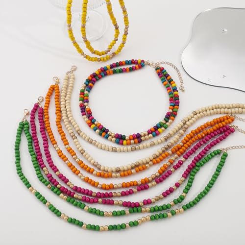 COLORFUL BLING Layered Boho Wood Beaded Choker Necklace Vintage Natural Wooden Bead Collar Necklace for Women Handmade Tribal Bohemian Jewelry - color: Orange