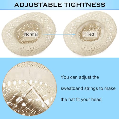 Men & Women's Summer Cowboy Cowgirl Straw Hat Hollow Out Woven Roll Up Wide Brim Sun Hat with Chin Strap - color: Beige