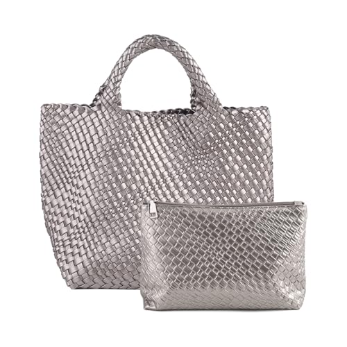 Handmade Woven Bag Satchel Handbag For Women Vegan Leather Tote Bag With Purses Travel Shoulder Bag Underarm Bag - color: Silver Grey-a