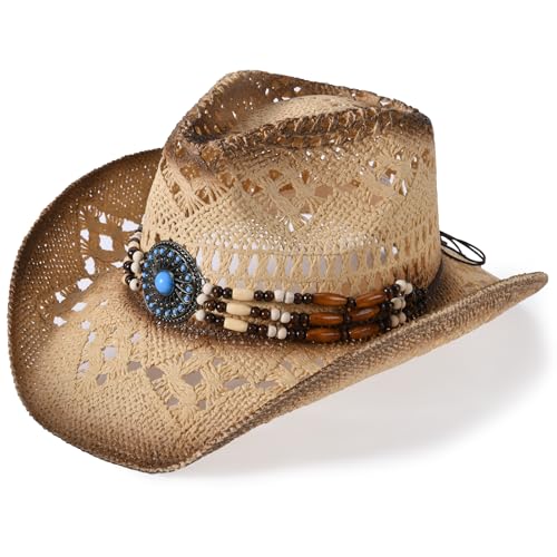 Straw Cowboy Hat for Men Womens Straw Cowgirl Hat Summer Western Cowboy Hats with Wide Brim for Cowgirls and Cowboys - color: Beige