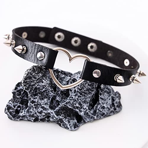 Eigso Vintage Punk Goth Studded Rivet Pu Leather Collar Choker Necklace with Spikes Adjustable - color: C-Black