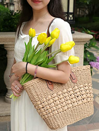 Women's Straw Shoulder Bag Large Rattan Woven Totes Summer Travel Beach Handbag Handmade Top Handle Purse - color: Coffee