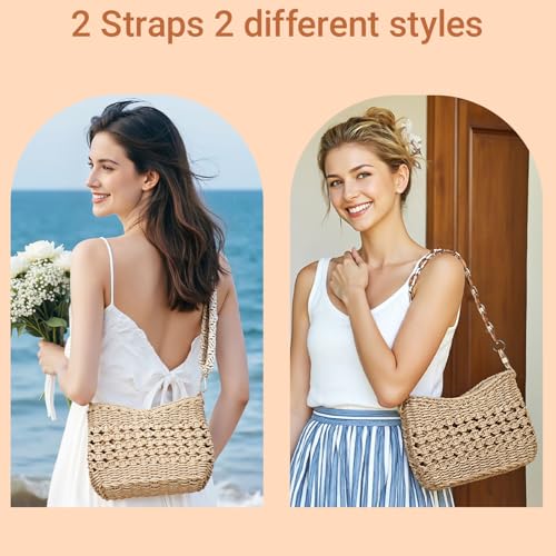 Herald Small Summer Crossbody Bags for Women, Beach Handmade Straw Woven Pocketbooks Handbag Shoulder Purse - color: Hollow Out Coffee