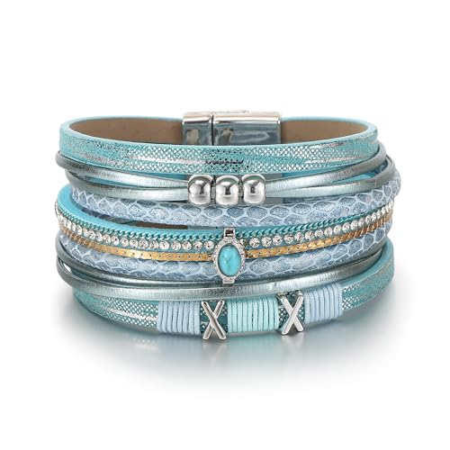 Edoneery Leather Wrap Bracelet for Women, Boho Handmade Multi-Layer Cuff with Crystal Beads Heart, Stackable Bangle Western Jewelry Gift - style: Turquoise(Blue)