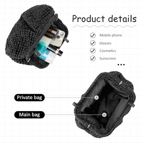 Emprier Straw Clutch Purses for Women Cloud Dumpling Pouch Straw Crossbody Shoulder Handbag Summer Beach Woven Bag - color: Black