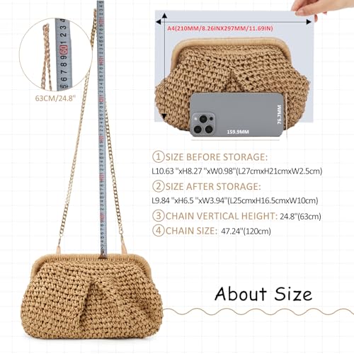 Emprier Straw Clutch Purses for Women Cloud Dumpling Pouch Straw Crossbody Shoulder Handbag Summer Beach Woven Bag - color: Khaki