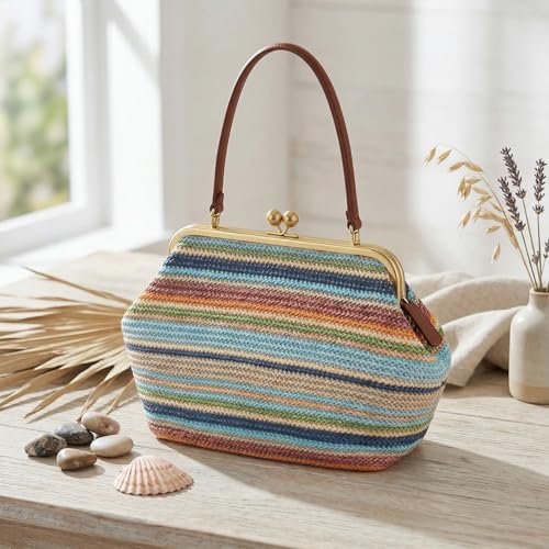 Kiss Lock Woven Bag, Large Capacity Straw Rainbow Handbags for Vacation Travel Shopping, Summer Straw Shoulder Bags - color: Style 1