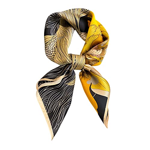 FEIBOON 100% Pure Mulberry Silk Scarfs 26"x26" Square Scarf Women Neckerchief Headscarf hair scarf bandana Gift Packed - color: Black+yellow Flowers