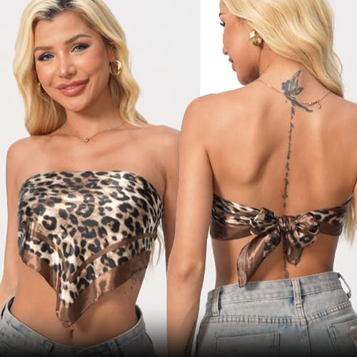 Leopard Print Head Scarf for Women Like Silk Satin Scarf for Hair Wrapping at Night Bandana Square Scarf 35 Inches - color: Brown