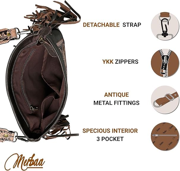Merbaa Berlin hand-carved Fringed Shoulder Bag Natural Cowhide Hand Bag with Floral Hand Tooling - color: Brown
