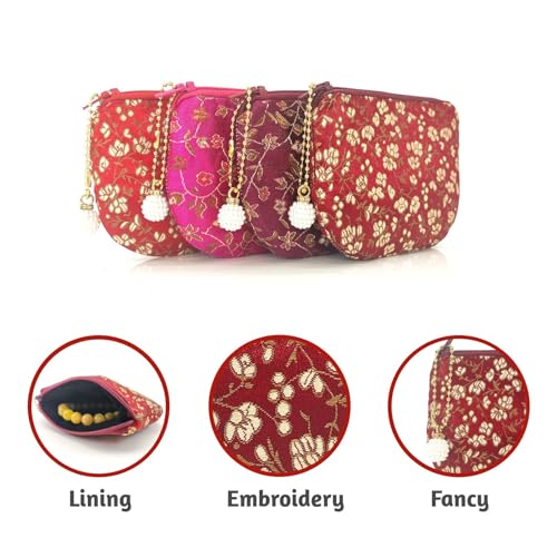 Handmade Women Coin Purse Rosary Pouch Silk Jewelry Bag Brocade Zipper Wallet -Crimson - color: Crimson