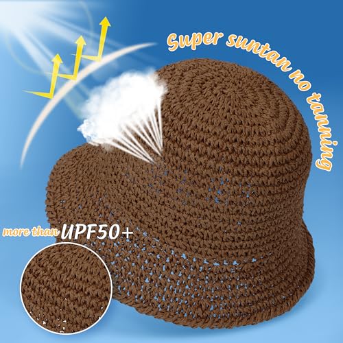 Rulala Fancy Womens Sun Hat Handmade Straw Bucket UV Protection Wide Brim Packable Travel Summer Cap for Beach UPF 50+ - color: Coffee