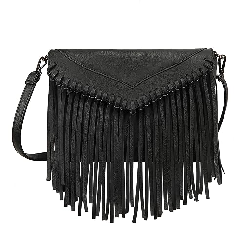 HDE Women's PU Leather Hobo Fringe Crossbody Tassel Purse Vintage Small Flap Envelope Handbag Western Sling Shoulder Bag - color: Black