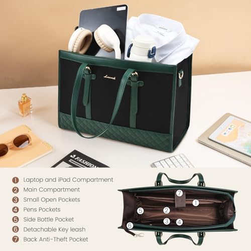 LOVEVOOK Laptop Bag for Women 15.6 inch Canvas Laptop Tote Bag, Large Capacity Work Bags with Clutch Purse, Computer Bags Office Business Briefcase, Casual Handbag for Travel College Teacher - color: Green & Black, size: 15.6 inch