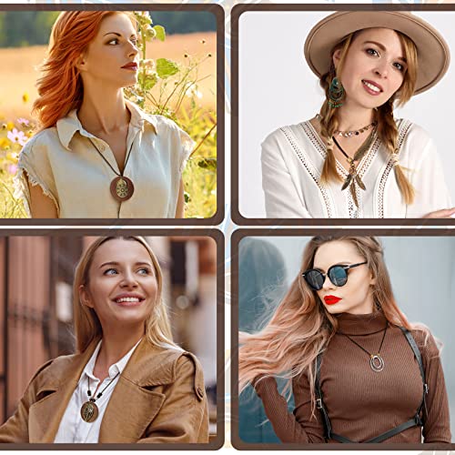 Huquary 8 Pcs Boho Long Necklaces for Women Vintage Wooden Necklaces Handmade Hippie Faux Leather Cord Sweater Jewelry