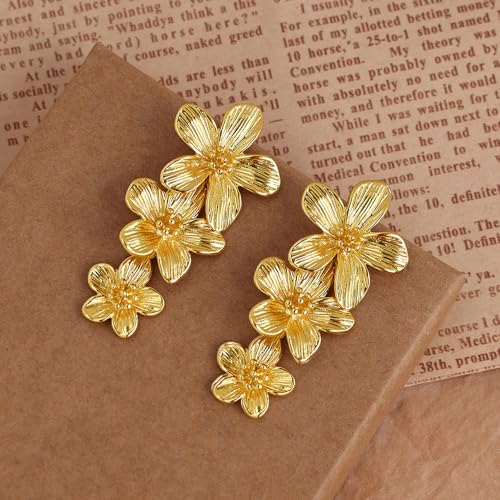 Gold Statement Earrings For Women 18K Gold Plated Sectored Flower Leaf Shell Angel Wing Earring Large Stud Earrings Hypoallergenic Stud - color: Long flower earrings
