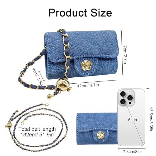 YAMEIZE Mini Denim Chain Belt Bag for Women Quilted Waist Purse Crossbody Fanny Pack Detachable Belt Chain - color: Blue - Mini (4.7x2.7 Inch)